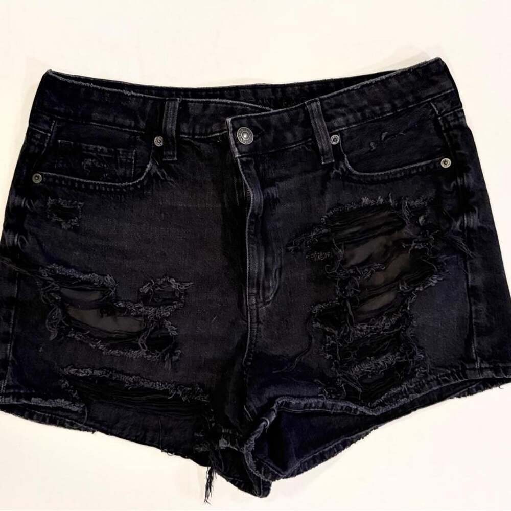 American Eagle Outfitters Black Mom Denim Shorts Size 10 Distressed Ripped